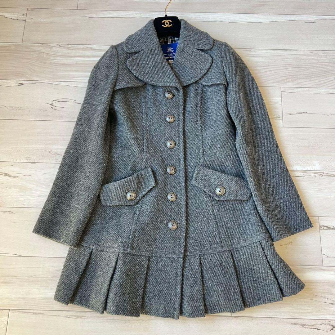 バーバリーブルーレーベル　ウールコート　ボタン　フリル　ロングコート　チェック