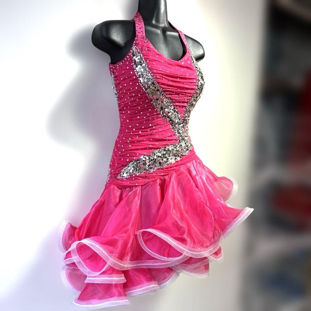 6318★ S ピンク ラインストーン スパンコール ラテンドレス 社交ダンス