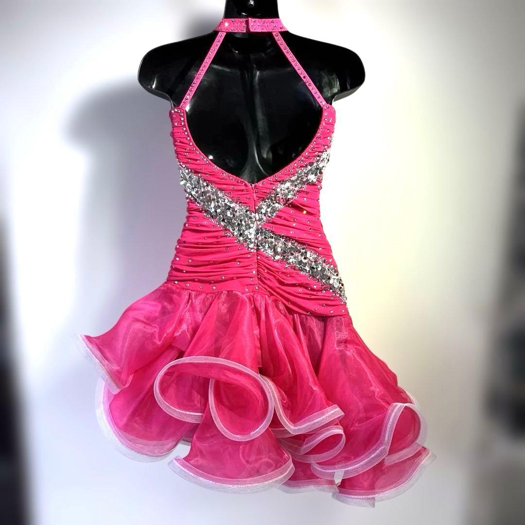 6318★ S ピンク ラインストーン スパンコール ラテンドレス 社交ダンス