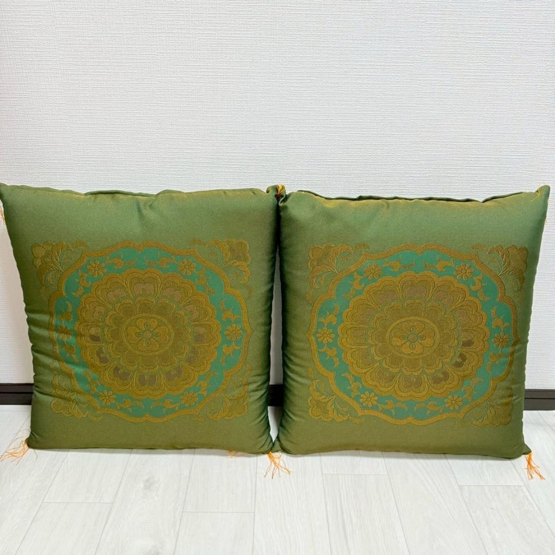 【高級金襴座布団 9枚セット】深緑×金 和風柄 法要 寺院 旅館 座布団セット