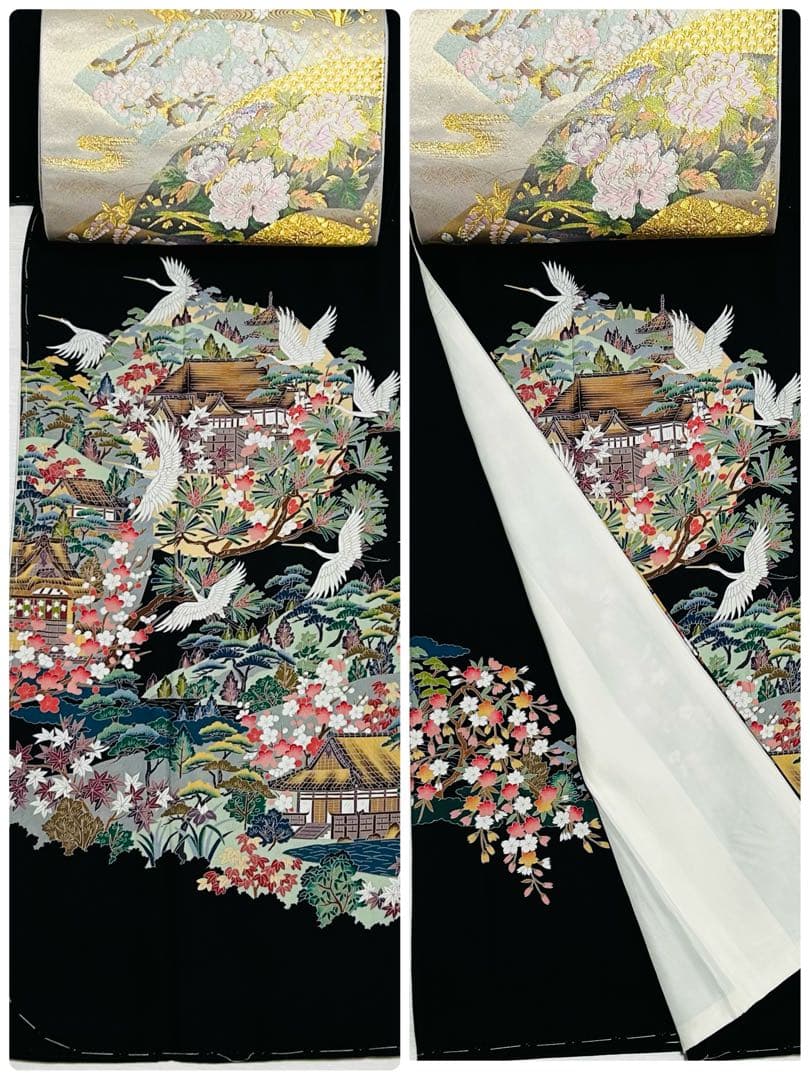 作家物　縁起の良い郡鶴に美しい四季の花々が美しく品格溢れる黒留袖完全フルセット