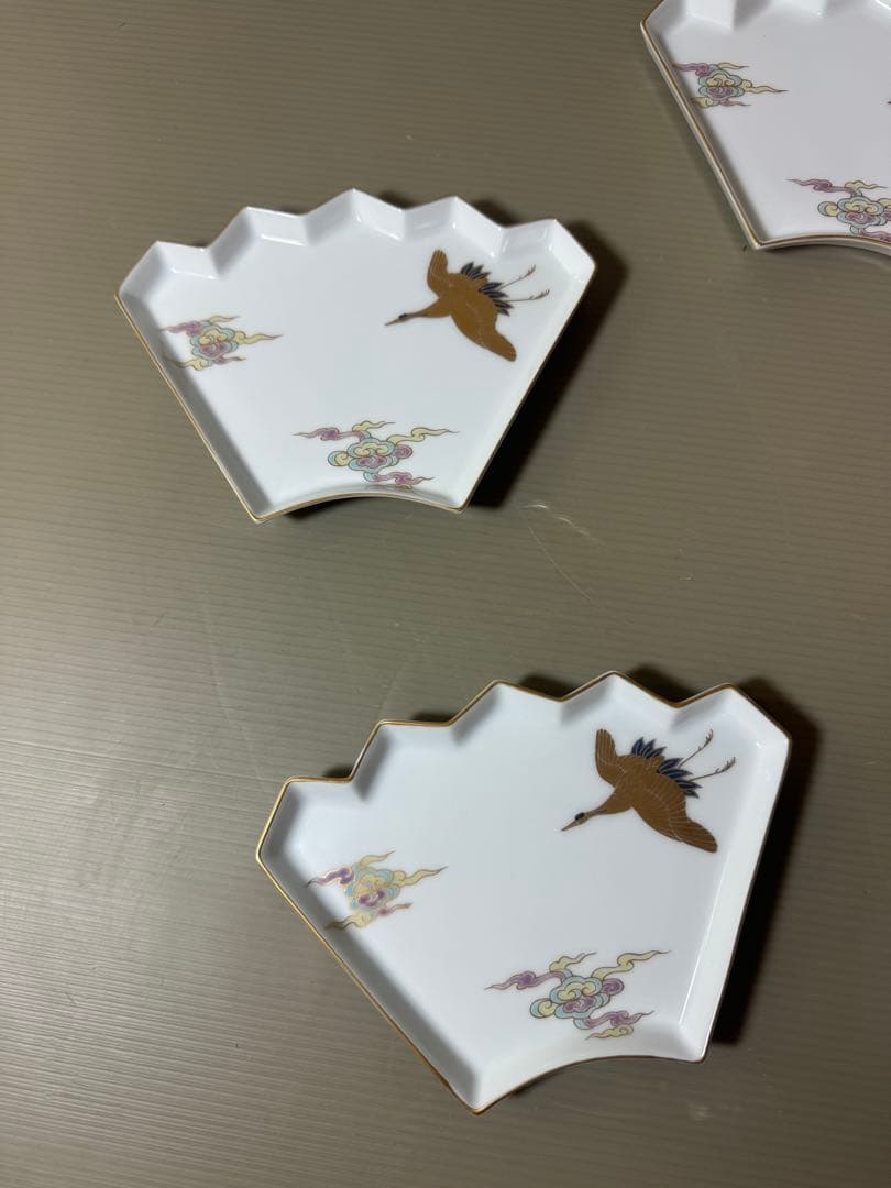 2896 深川製磁　扇型　皿　5客　金彩　鶴文　未使用