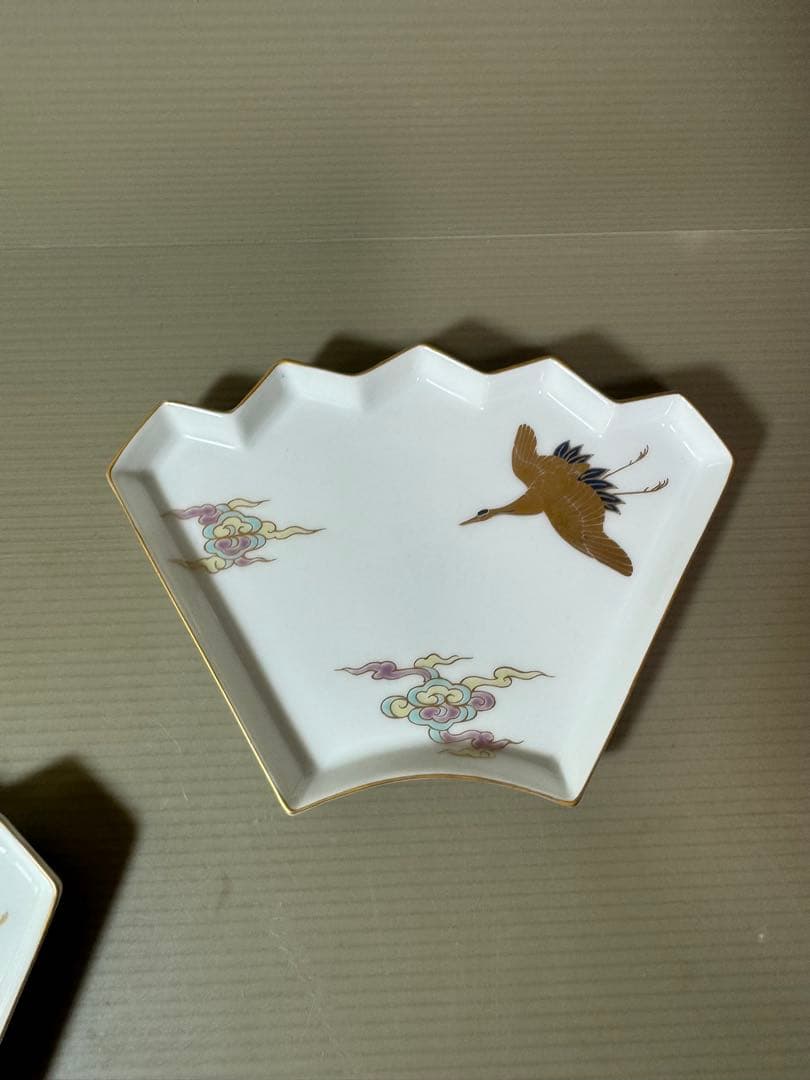 2896 深川製磁　扇型　皿　5客　金彩　鶴文　未使用