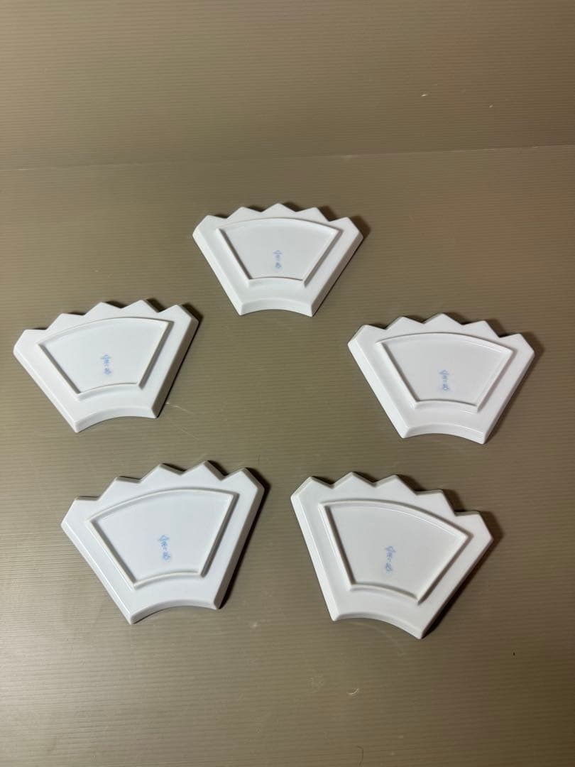 2896 深川製磁　扇型　皿　5客　金彩　鶴文　未使用