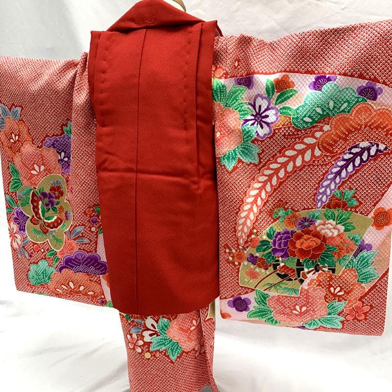 511ag72□七五三 三歳 女児 着物&被布&長襦袢 金彩 鹿子 御所車□美品