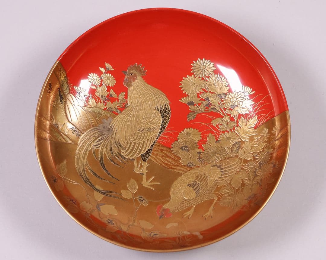 【MB183】加賀蒔絵 花鳥本金蒔絵 大盃 盃台 天然木漆塗 鶏 松竹梅 鶴霊芝