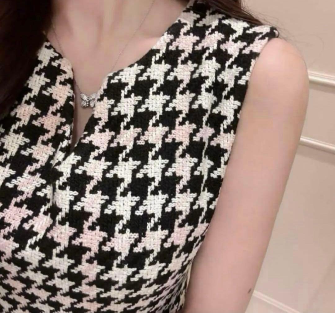 ルミニョン　Lumignon 千鳥柄　ポケット　ファー　ワンピース