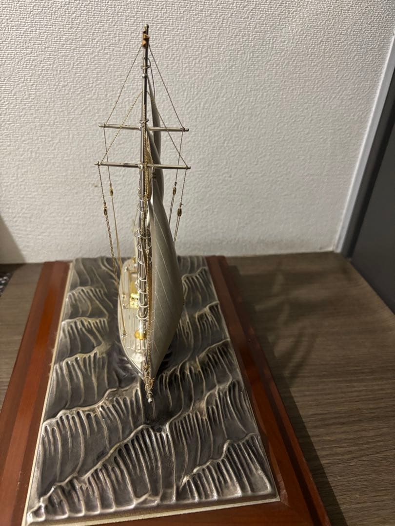 純銀刻印　帆船置物　船長さ21cm 大きめ　ガラスケース付き　レトロ