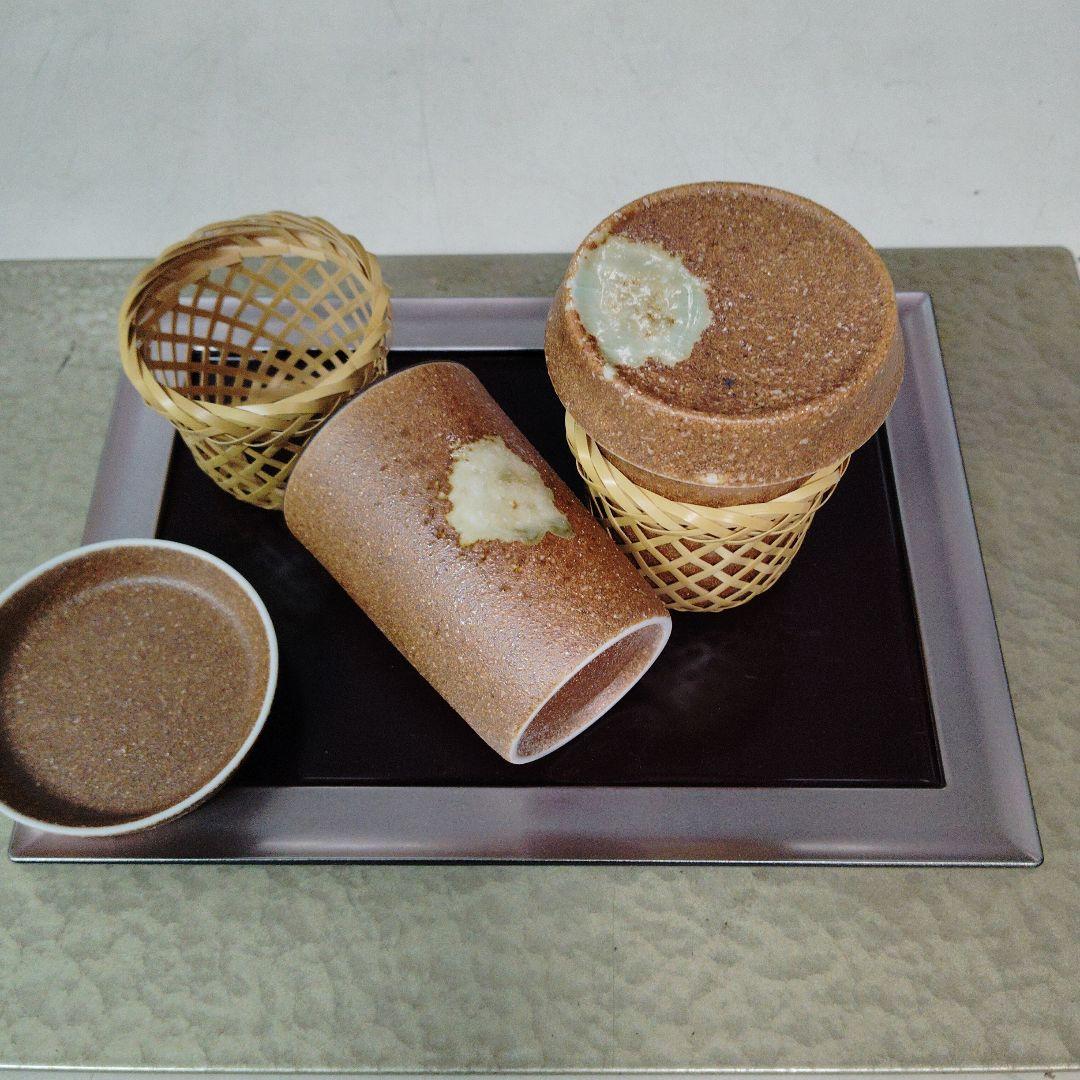 伊賀織部ひれ酒カップ4個、竹製カバー4個、新品、未使用、ひばり