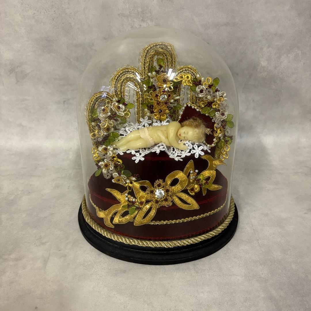 アンティーク 幼子イエス像 ガラスドーム入り フランス宗教工芸品