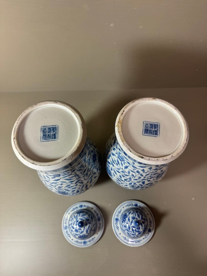 2739 中国骨董　乾隆年製銘　染付青花　沈香壷　2客　時代物