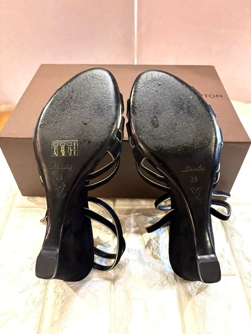#ルイヴィトンエレガント ブラック スエードストラップヒールサンダル#38