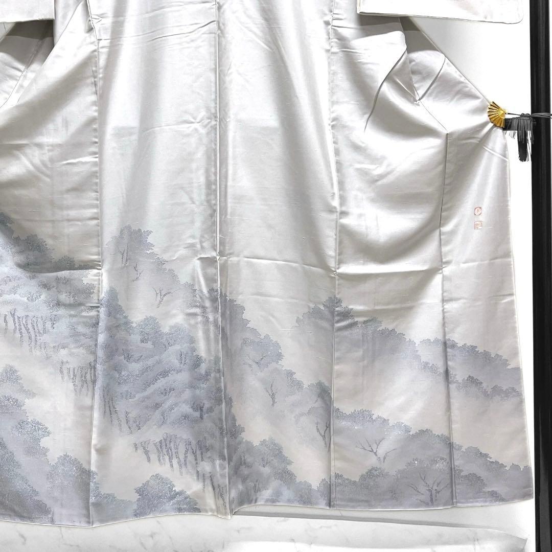 作家もの　付け下げ　牛首紬　木々文様　グレー　着物　023a d