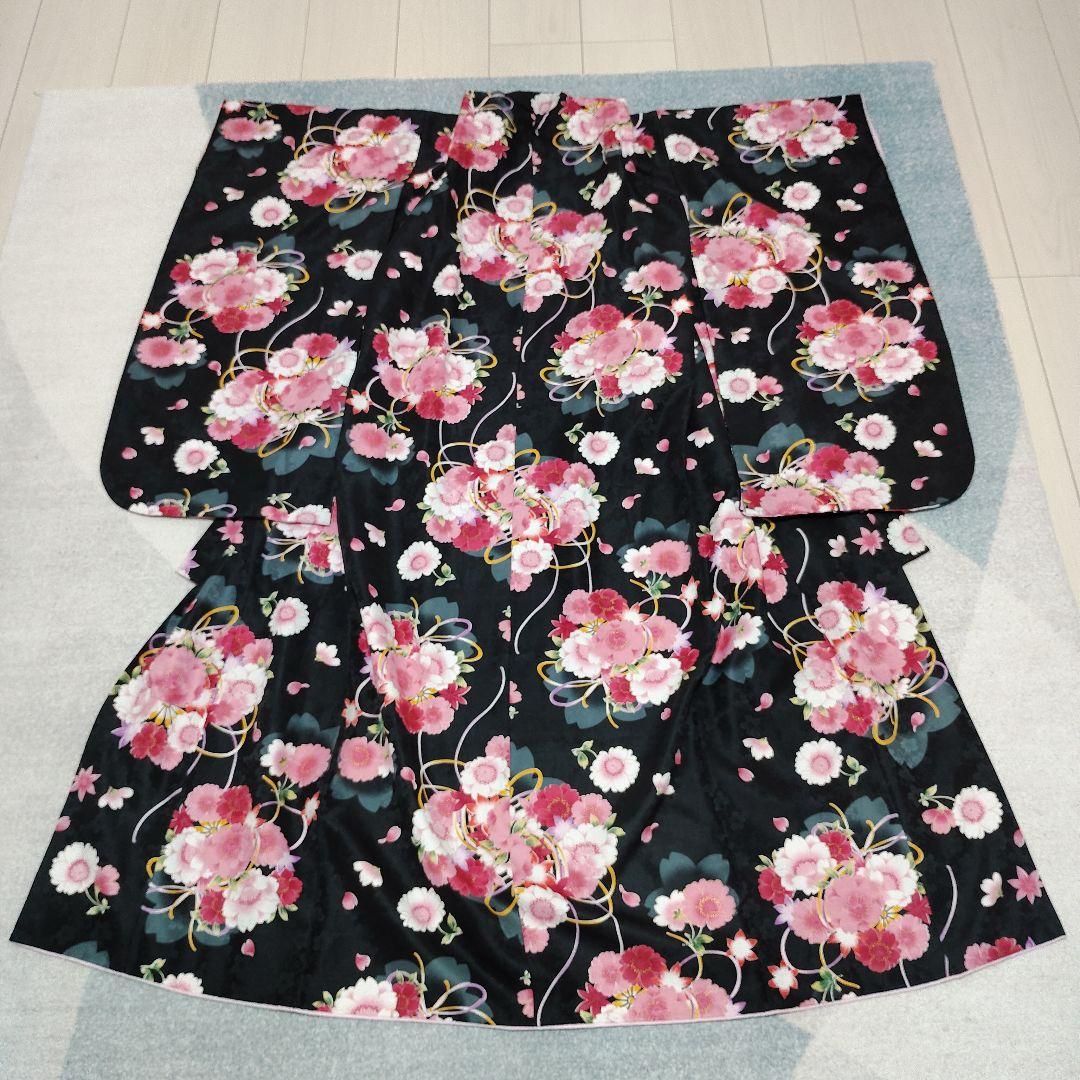 七五三 7歳 着物 帯 ビーズバッグ 草履 小物 セット 黒 ピンク