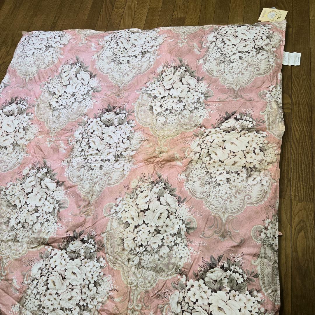 ダウンケット、シングル、羽毛、肌布団、合掛け布団、花柄ピンク掛け布団、汚れあり、
