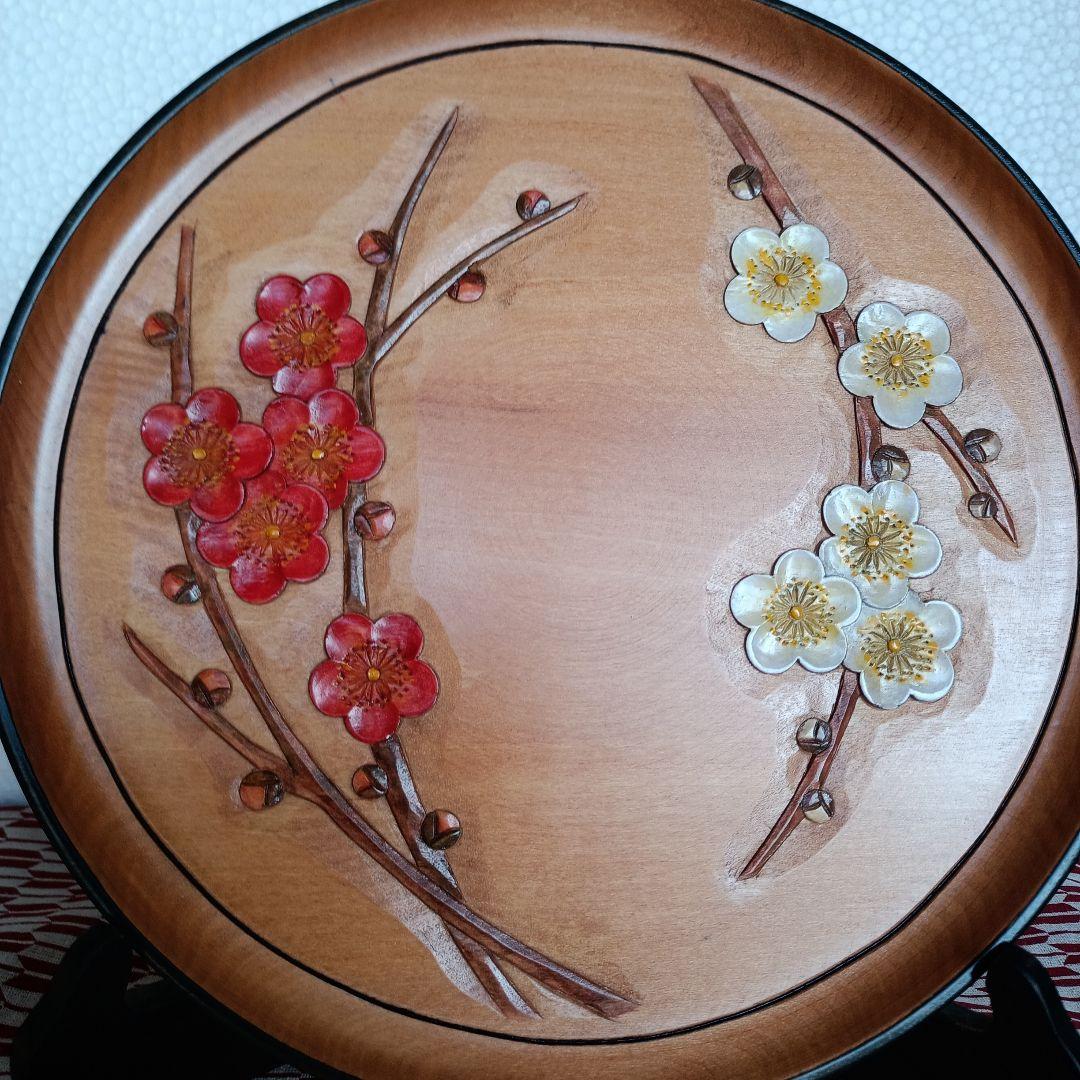 日光彫り8寸丸盆　紅梅白梅図　まるり様ご注文品です+ティッシュボックス　２点