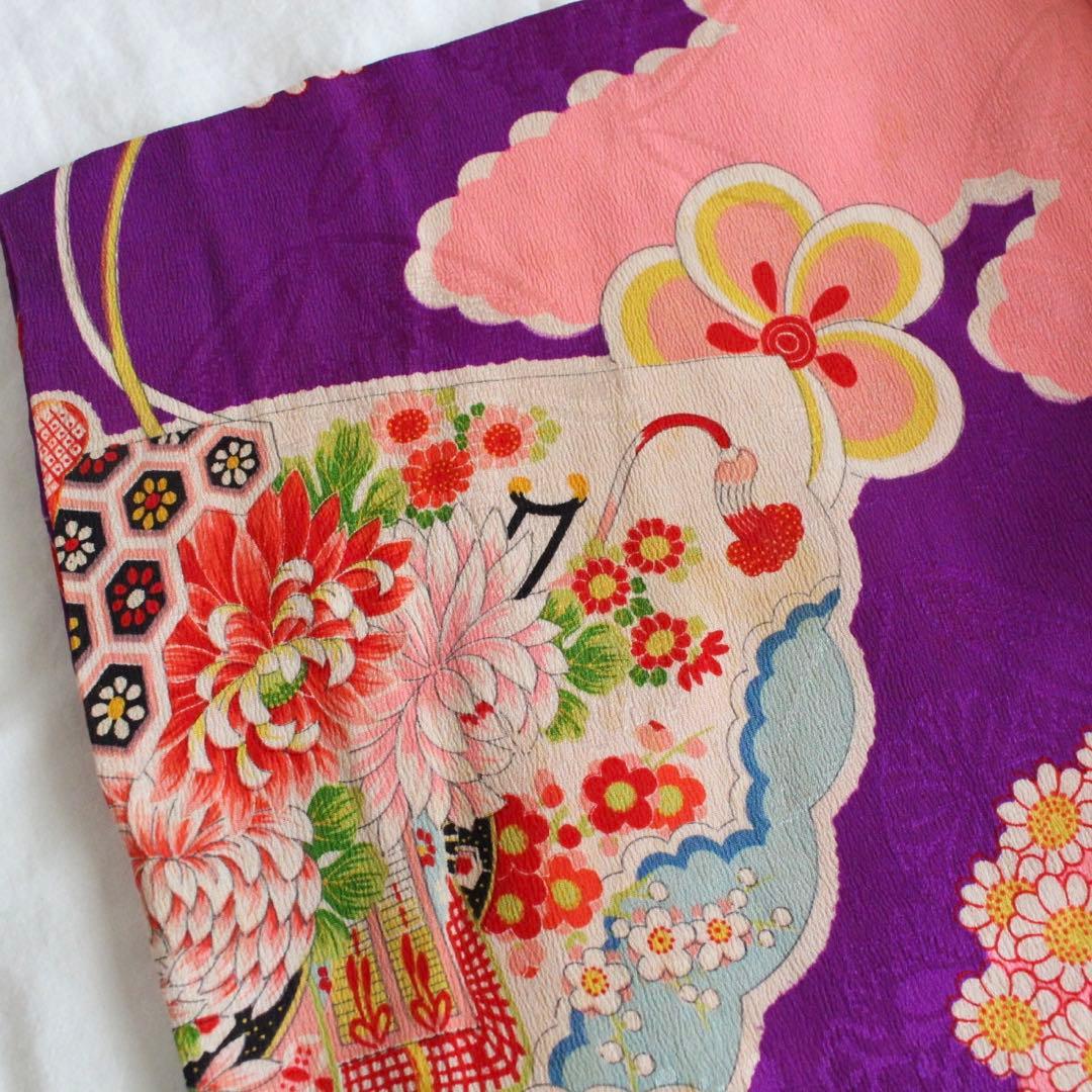七五三 3歳 子供 女の子 アンティーク 紫 正絹 着物 被布 セット