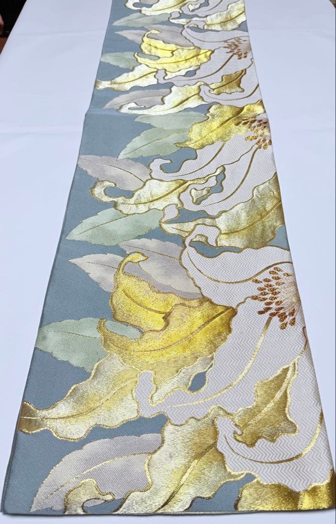 高級 袋帯 正絹 六通柄 佐賀錦 武一郎 落款入り 百合 ゴールド 唐織 ブルー