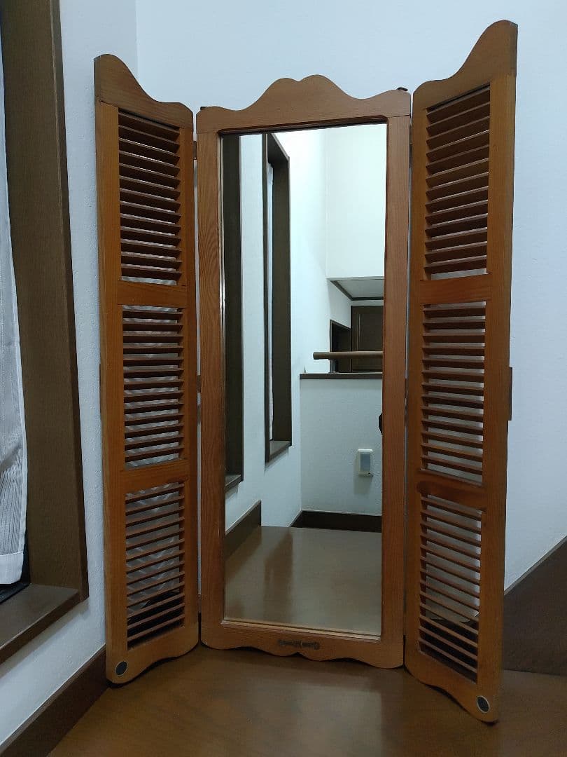 ヴィンテージ ウッドドア ミラー 両開き扉式 壁掛け 鏡 姿見 ルーパー