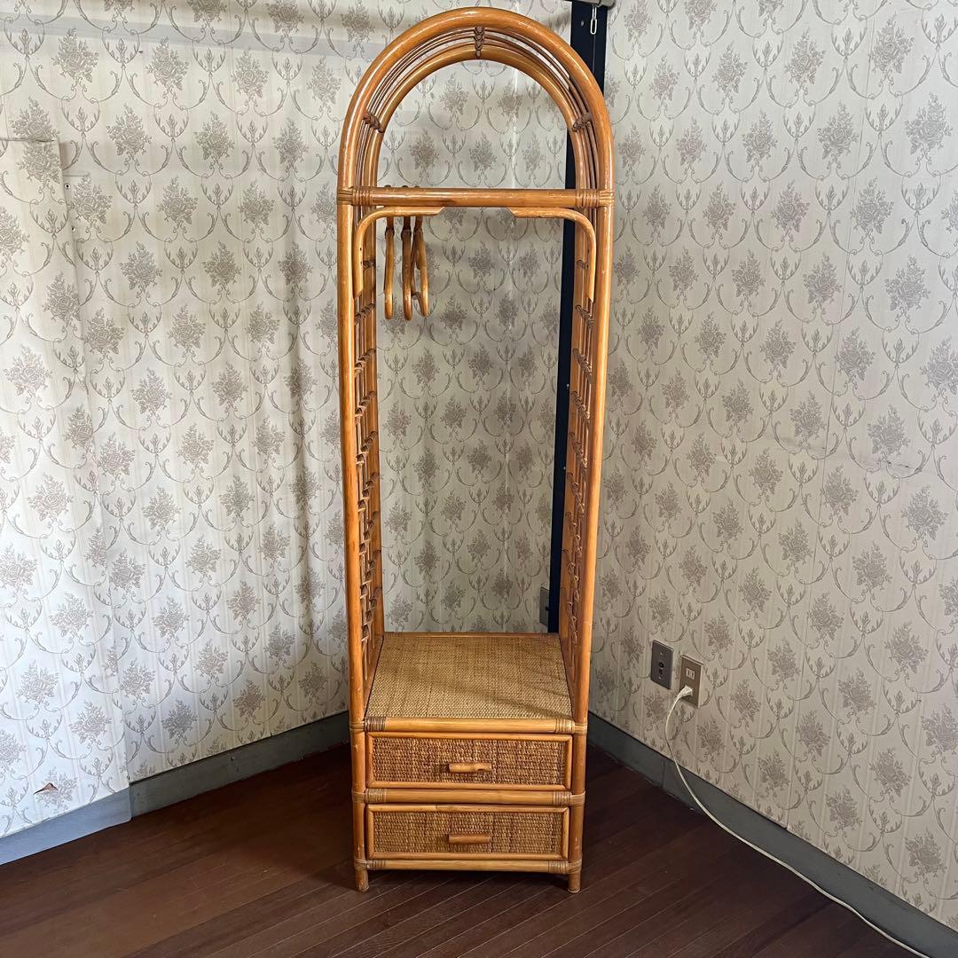 【アンティーク】籐 アーチ型 ラタンハンガーラック 引き出し付き 古道具 古民家