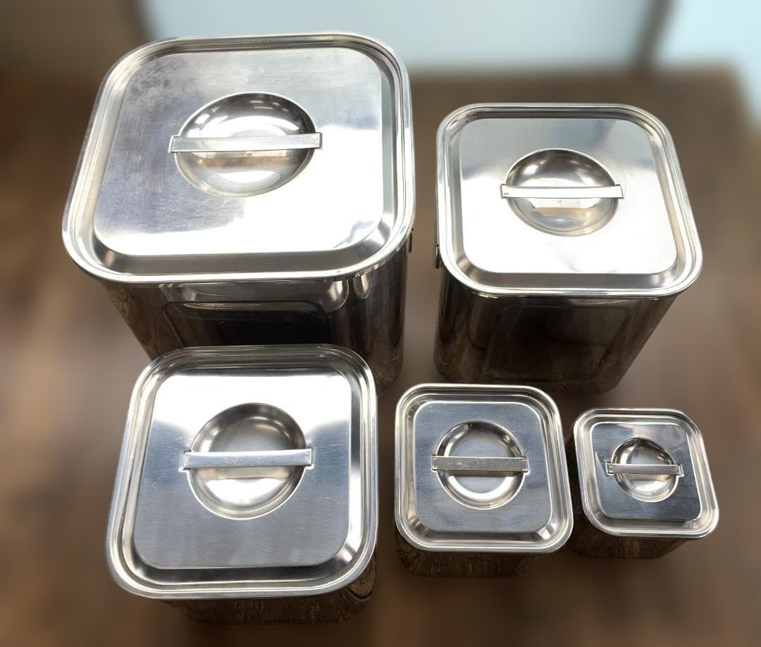 ユキワ 18-8ステンレス 角深型キッチンポット 5個セット 手・目盛・蓋付 ②