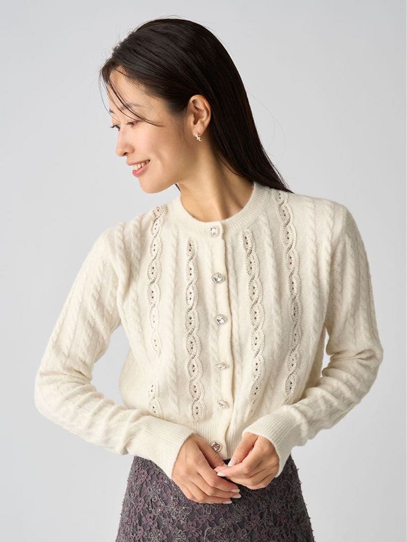 セルフォード 25SS アルパカ混 ケーブルレースデザインカーディガン 白