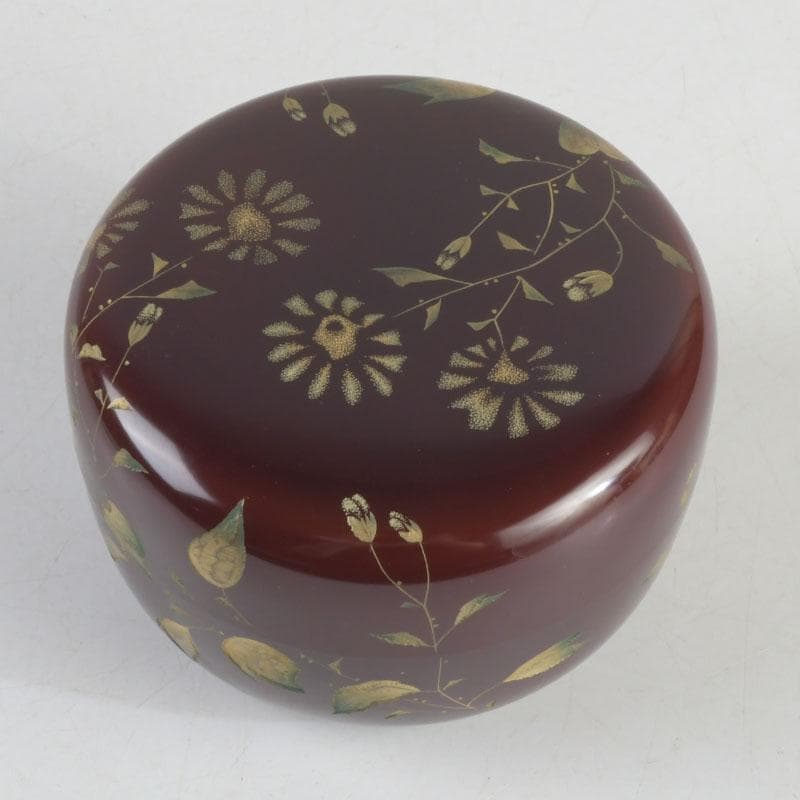 茶道具　輪島塗　大角博明作　沈金　花草蒔絵　平棗　共箱　V　9239