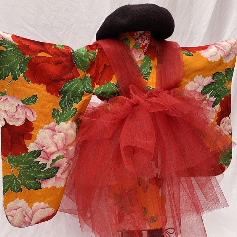 506ag87、チュールエプロン、トレーン付き◎七五三 三歳 アンティーク着物