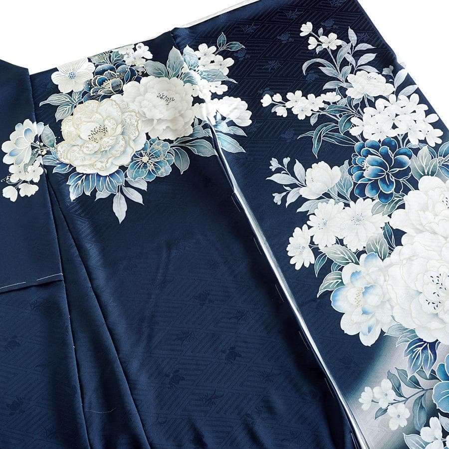 振袖フルセット　オーダー仕立て　紺色　ネイビー　刺繍　金彩加工　成人式