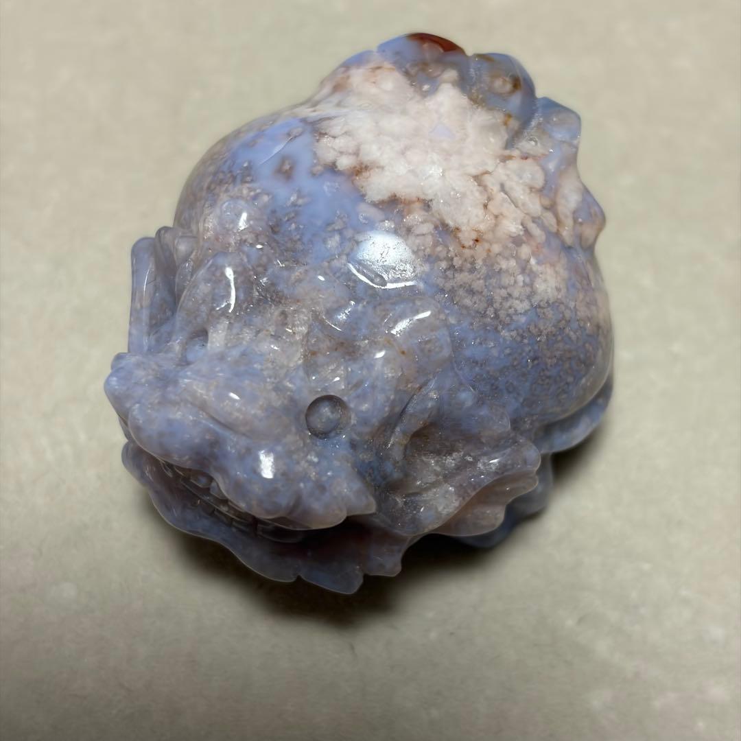 【レア】ブルーフラワーアゲート 天然石 置物 ロングイ 龍亀