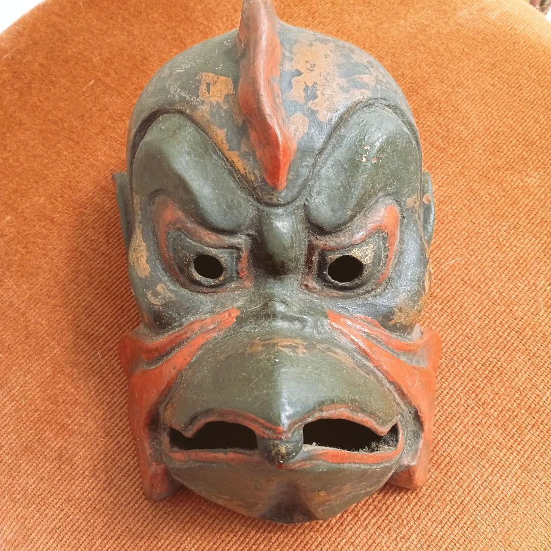 古い烏天狗面　迦楼羅　骨董品　能面　神楽面