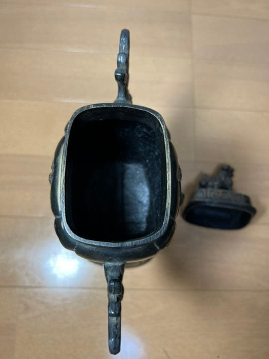476 銅製　高足獅子香炉　時代物