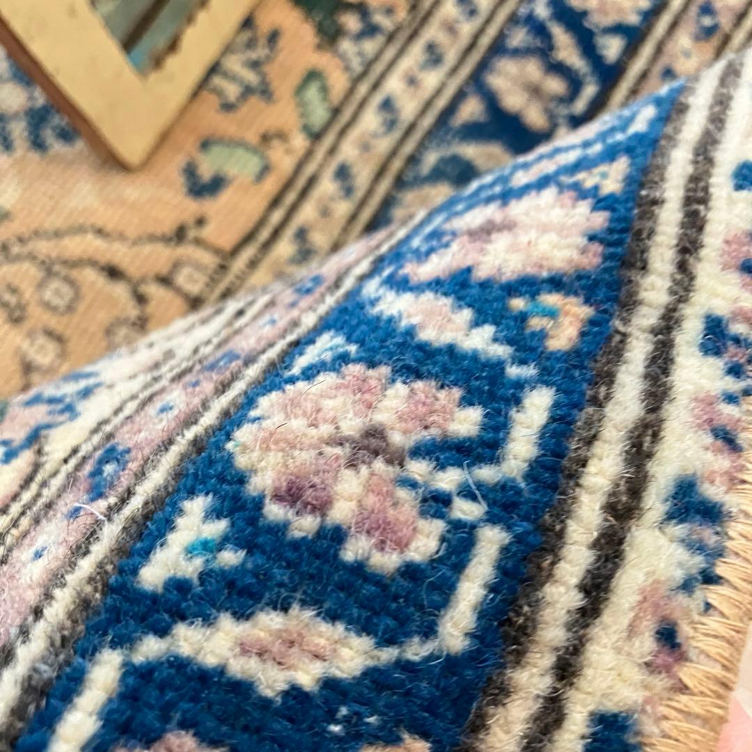 密織　繊細　デニムネイビー　淡いイエロークリームベージュ　トルコヴィンテージラグ