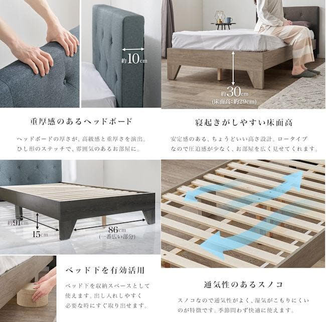 ファブリックヘッドボード ベッドフレームシングルベッド ロータイプ（831）