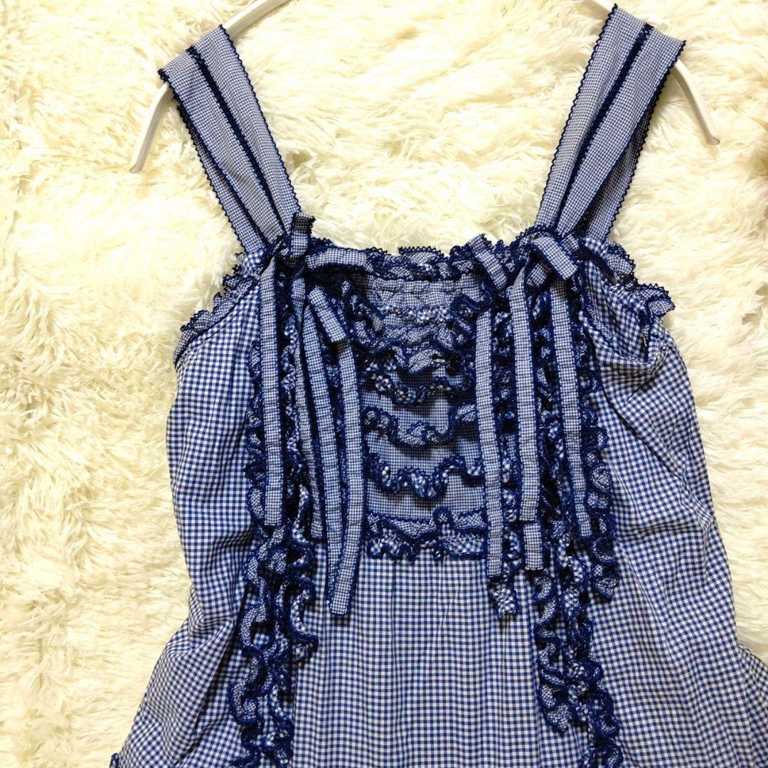 【PINK HOUSE】M～L相当ギンガムチェックキャミソール ピコフリルリボン