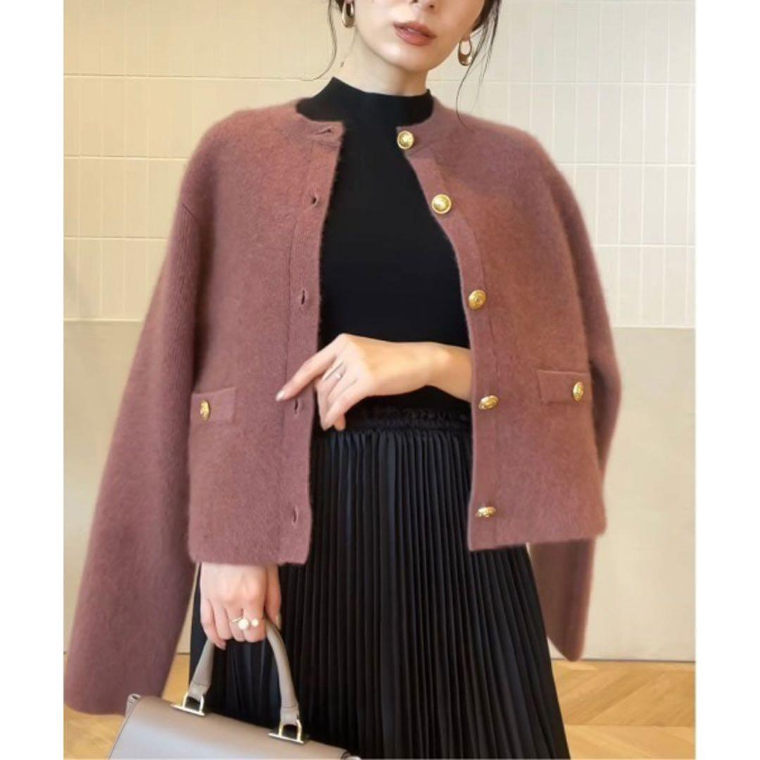 【美品】anuans ラクーンブレンドノーカラーニットジャケット