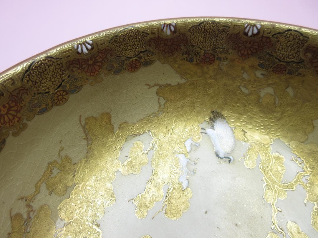 時代 九谷 雪花 金彩 鶴紋 茶碗 検) 明治期 大正期 昭和期 70916