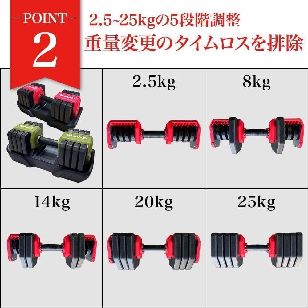 4WD 可変式ダンベル 25kg 5段階調整 筋トレ オリーブ 可変式 K315