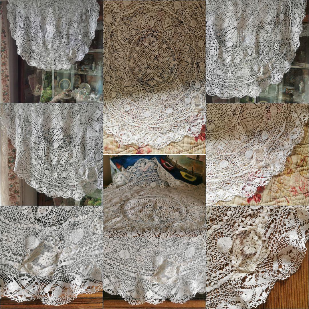 アンティークマルチーズレース 美しいエクリュφ75㎝見事なラージラウンドドイリー