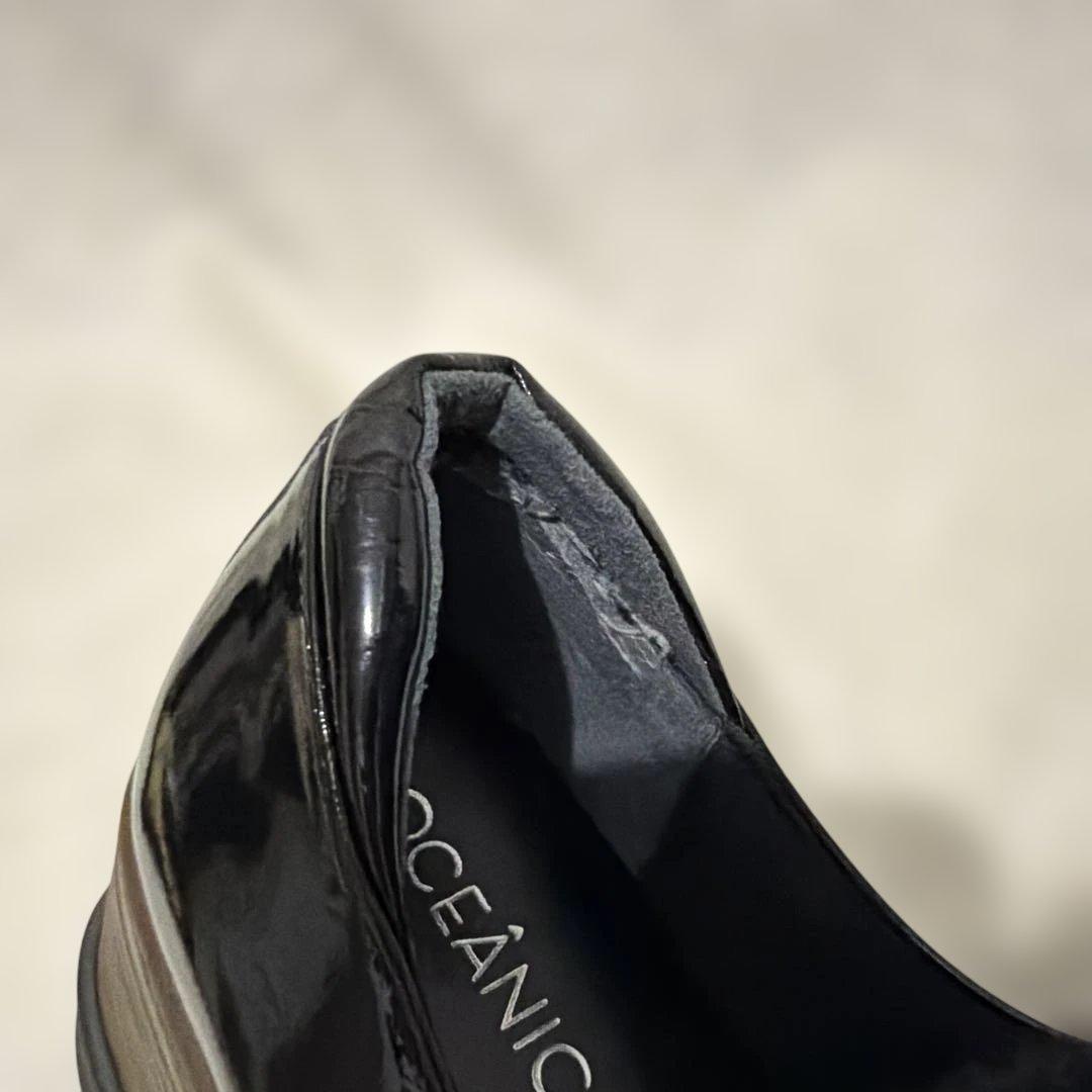 ヒルズアベニューOCEANICA ブラック エナメル ファー シューズ　厚底　黒