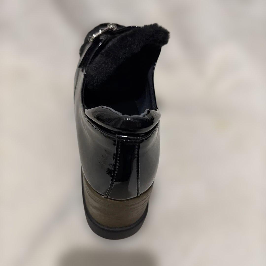 ヒルズアベニューOCEANICA ブラック エナメル ファー シューズ　厚底　黒