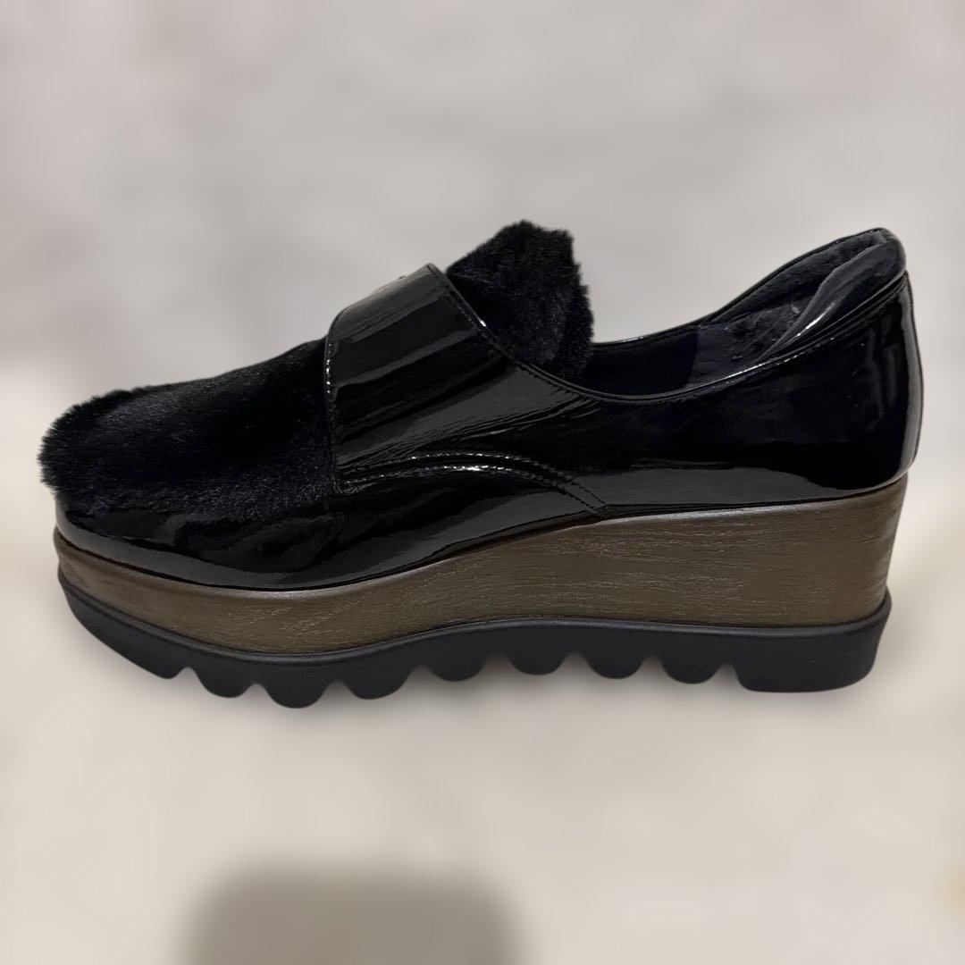 ヒルズアベニューOCEANICA ブラック エナメル ファー シューズ　厚底　黒