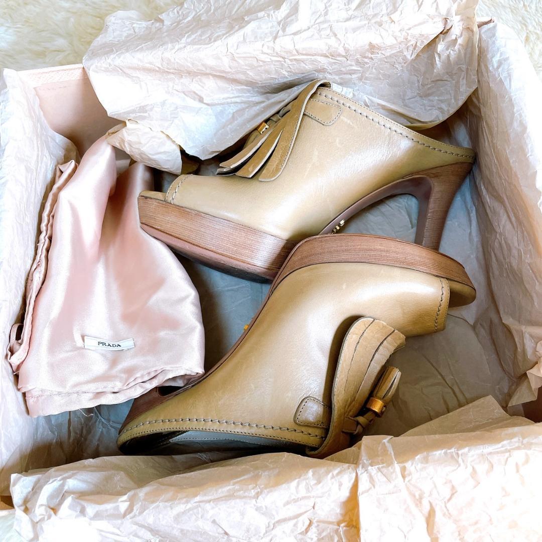 PRADA プラダ　ミュール　ハイヒール　タッセル　ピンクベージュ