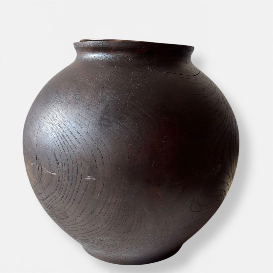【民藝】古木 くり抜き 大壺 花器｜直径35cm｜銅筒入　水使用可｜プリミティブ