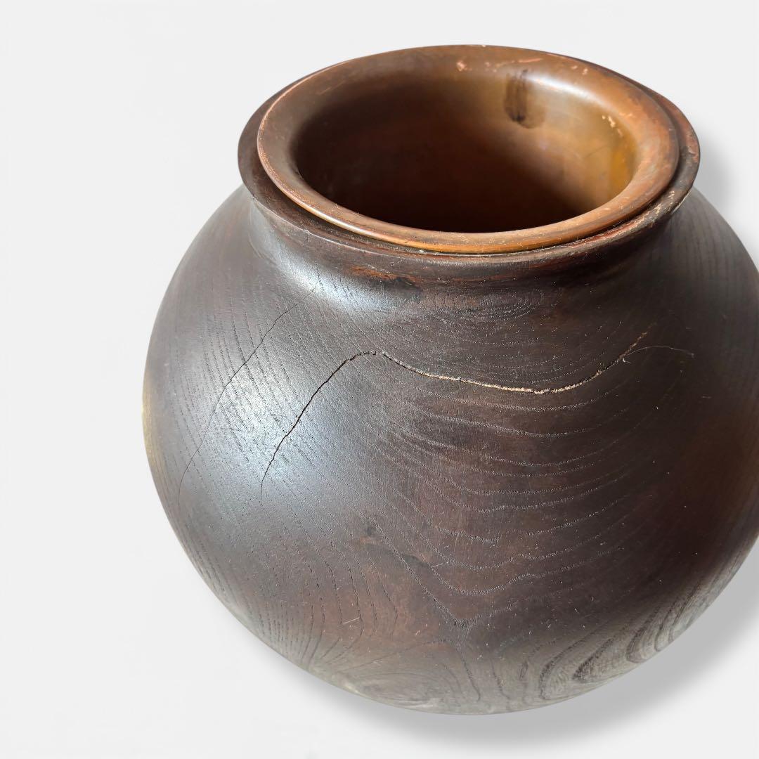 【民藝】古木 くり抜き 大壺 花器｜直径35cm｜銅筒入　水使用可｜プリミティブ