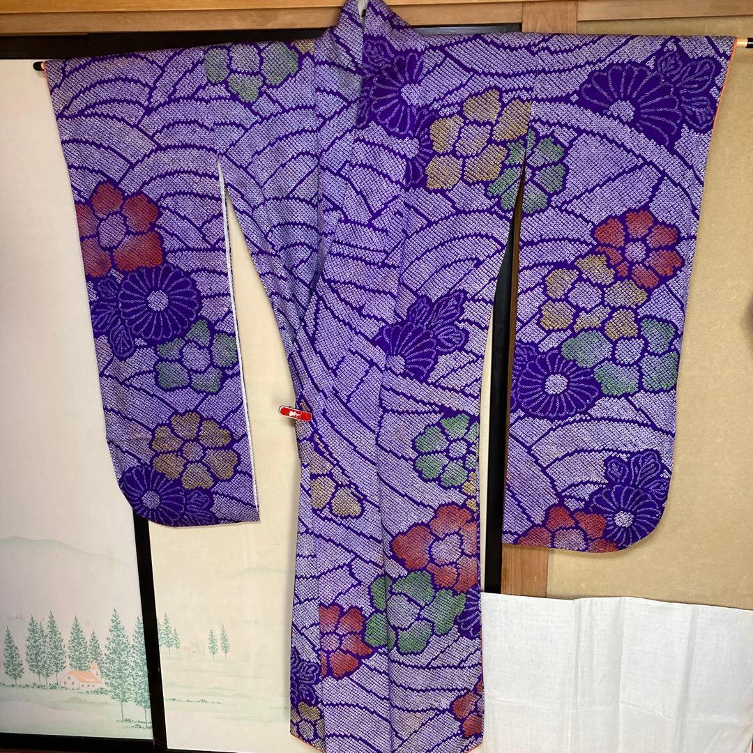 紫絞りの正絹振袖、レトロ、