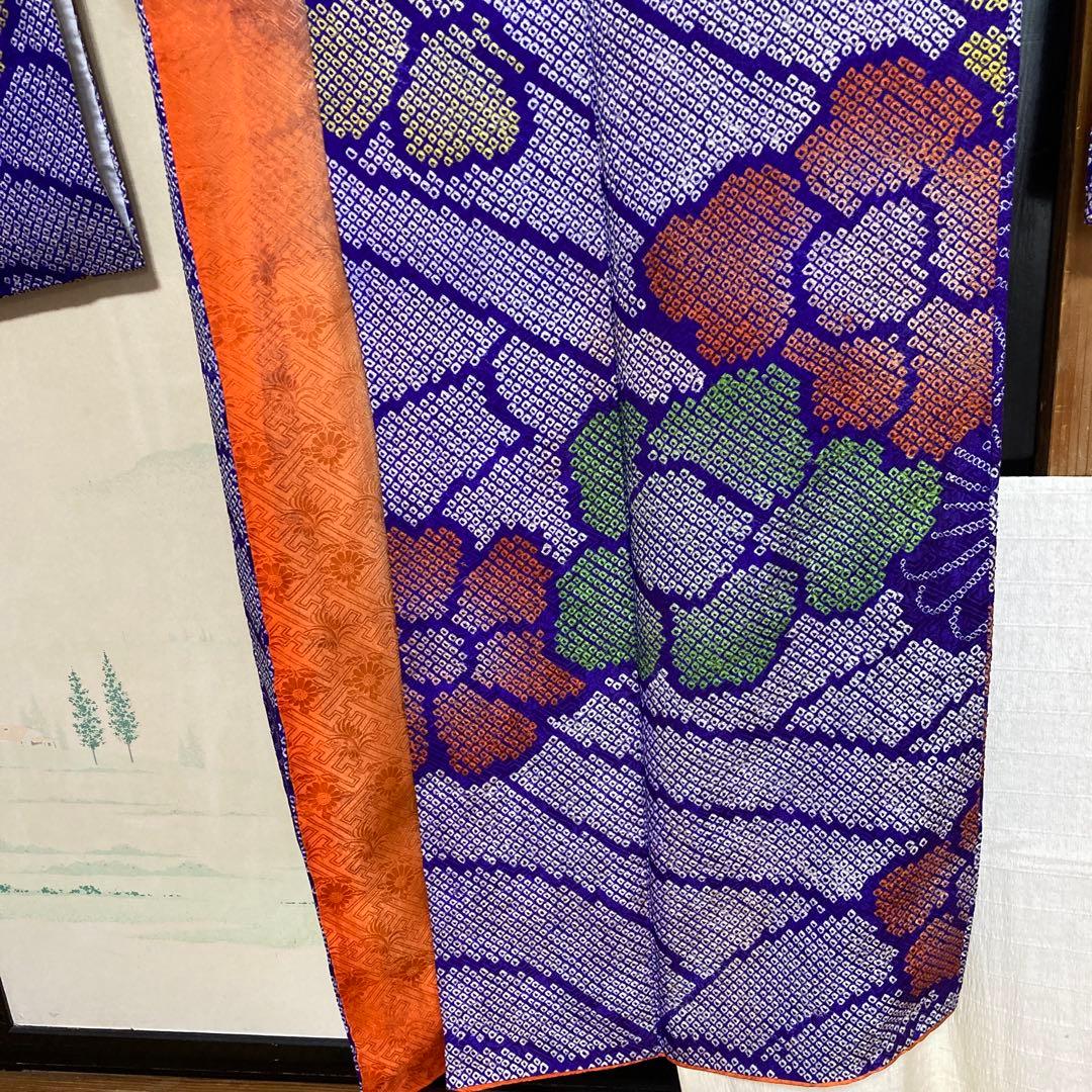 紫絞りの正絹振袖、レトロ、