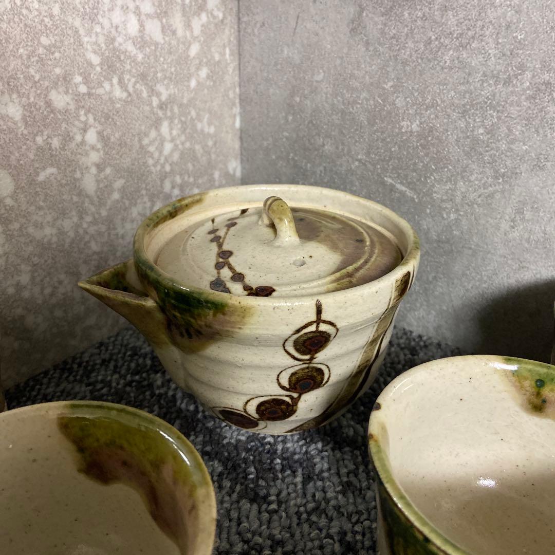 美濃焼　織部　作家物　陶印　茶器セット　煎茶揃い　宝瓶　湯呑