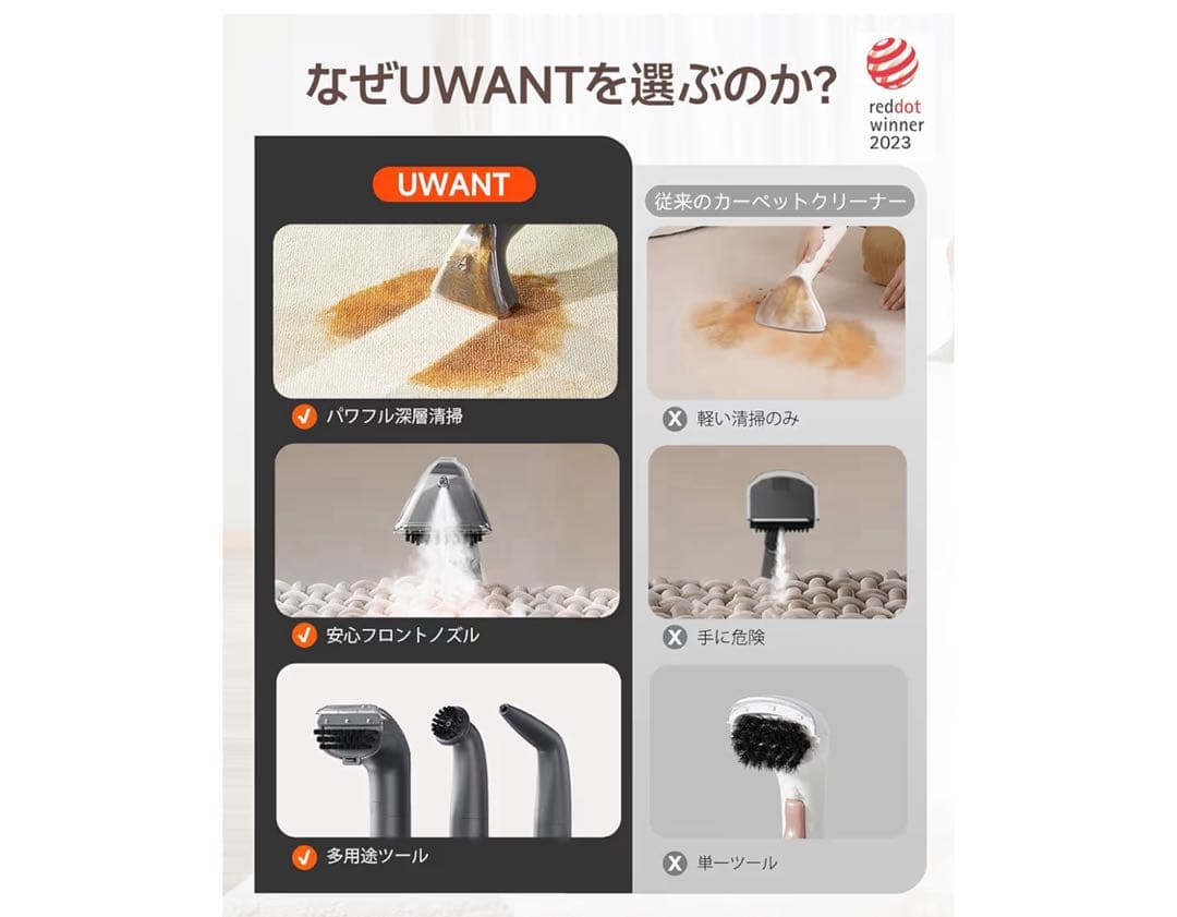 uwant B400スチームクリーナー 蒸気 超強吸引家庭用カーペットクリーナー