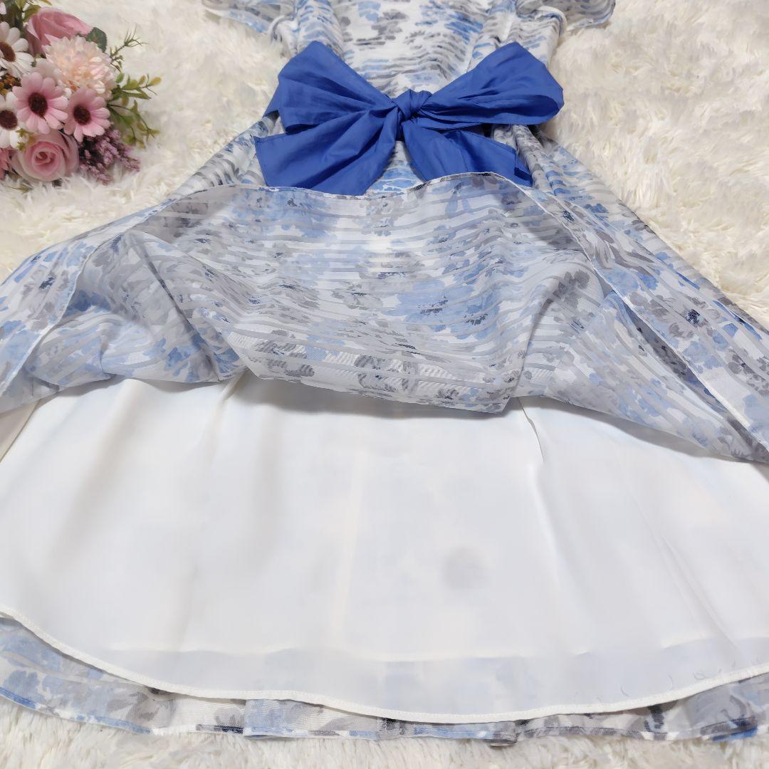 【美品♡人気デザイン】エムズグレイシー　シアーフラワーリボンフレアワンピース　青